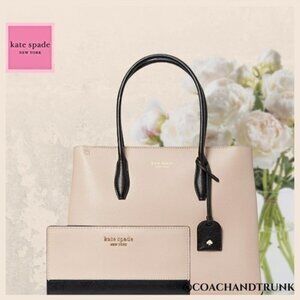 KATE SPADE SET Saffiano Leather Eva Satchel Warm Beige Black w/ Wallet NWT
